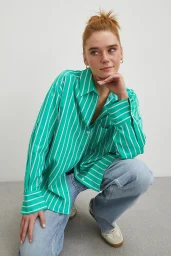 Çizgili Poplin Gömlek Yeşil