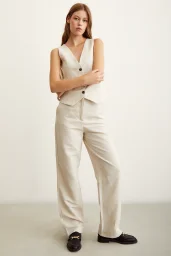 High Waist Leinenhose Beige