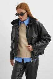 Peluş Astar Detaylı Deri Mont Siyah