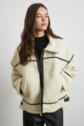 Ters Detay Lamine Biker Ceket Krem