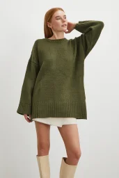 Bisiklet Yaka Fitilli Triko Kazak Haki