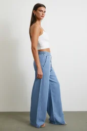 Beli Lastikli Bağcıklı Geniş Paça Pantolon Mavi