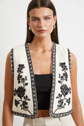 Nakışlı Oversize Yelek Krem