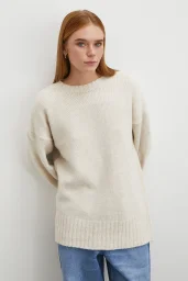 Bisiklet Yaka Fitilli Triko Kazak Ekru
