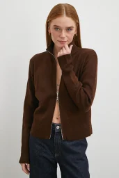 Çift Fermuarlı Triko Hırka Kahve