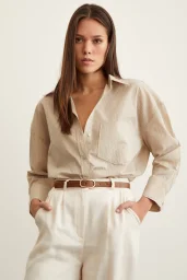 Striped Oversize Shirt Beige