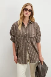 Çizgili Cepli Modal Gömlek Kahve