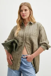 Çizgili Cepli Modal Gömlek Haki