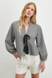 Beli Kuşaklı Pamuk Bluz Siyah