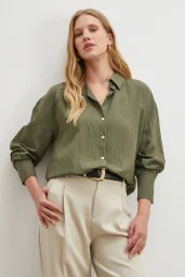 Çizgili Viskon Gömlek Haki