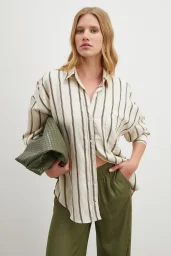 Çizgili Diagonal Gömlek Krem