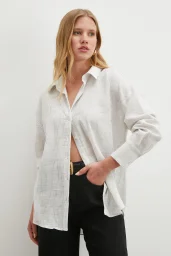 Çizgili Pamuklu Gömlek Beyaz