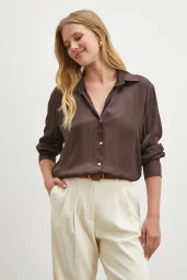 Viskon Saten Gömlek Kahve