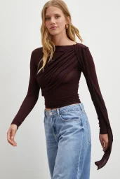 Şal Detaylı Açık Yaka Bluz Bordo