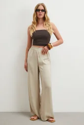 Beli Lastikli Dökümlü Geniş Paça Pantolon Bej
