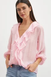 Önü Fırfırlı V Yaka Bluz Pembe
