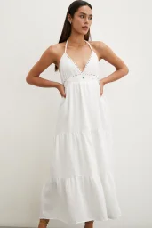 Boncuk Detay Keten Elbise Beyaz
