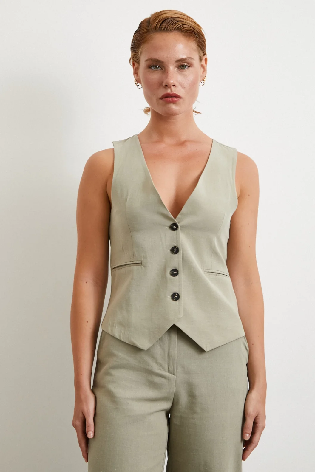 Cep Kapaklı Keten Yelek Gri