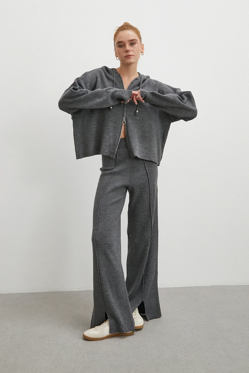 Çift Fermuarlı Kapüşonlu Pantolonlu Takım Gri
