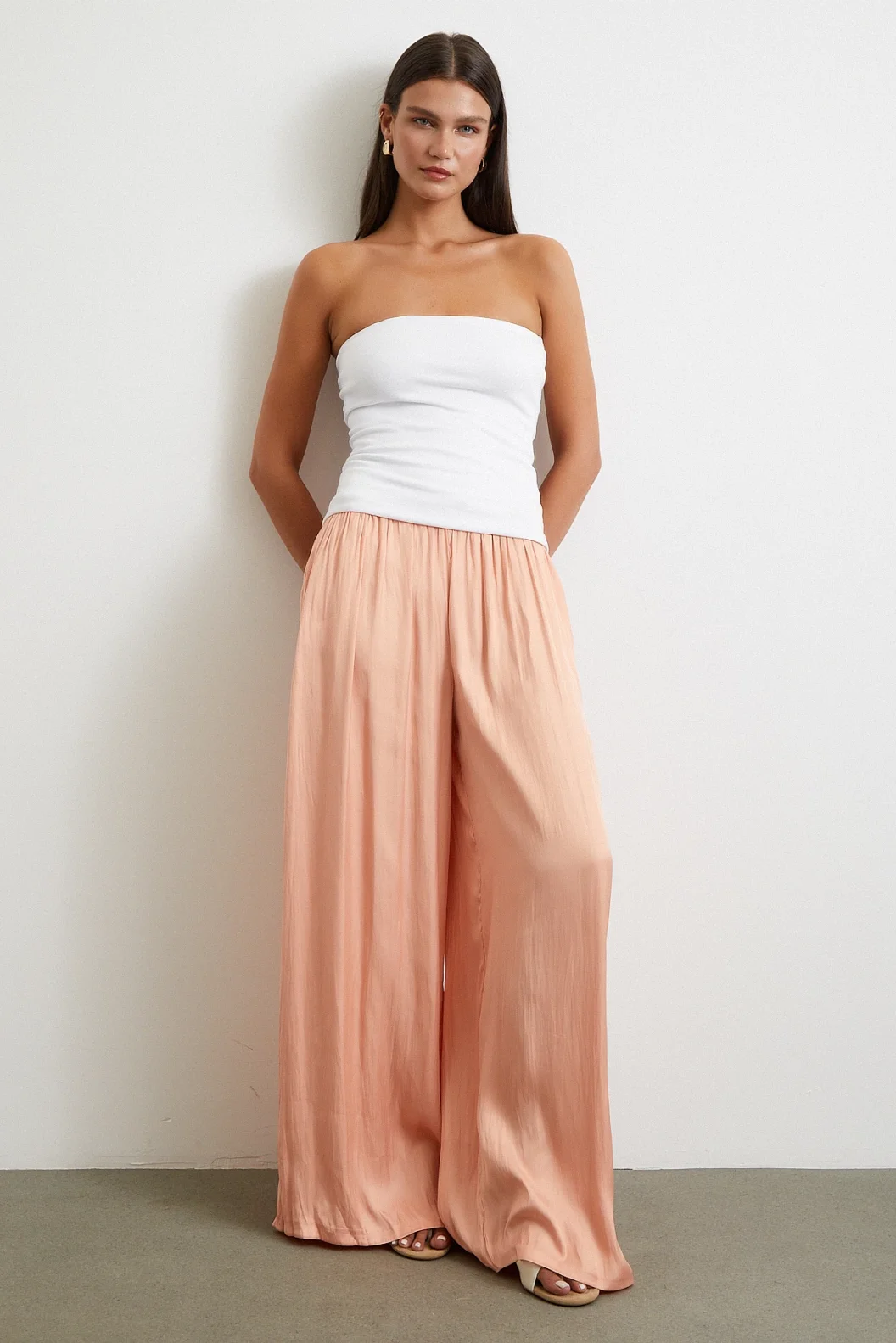 Elasticated Waist Wide Legged Pants with Ruffled Hem Powder