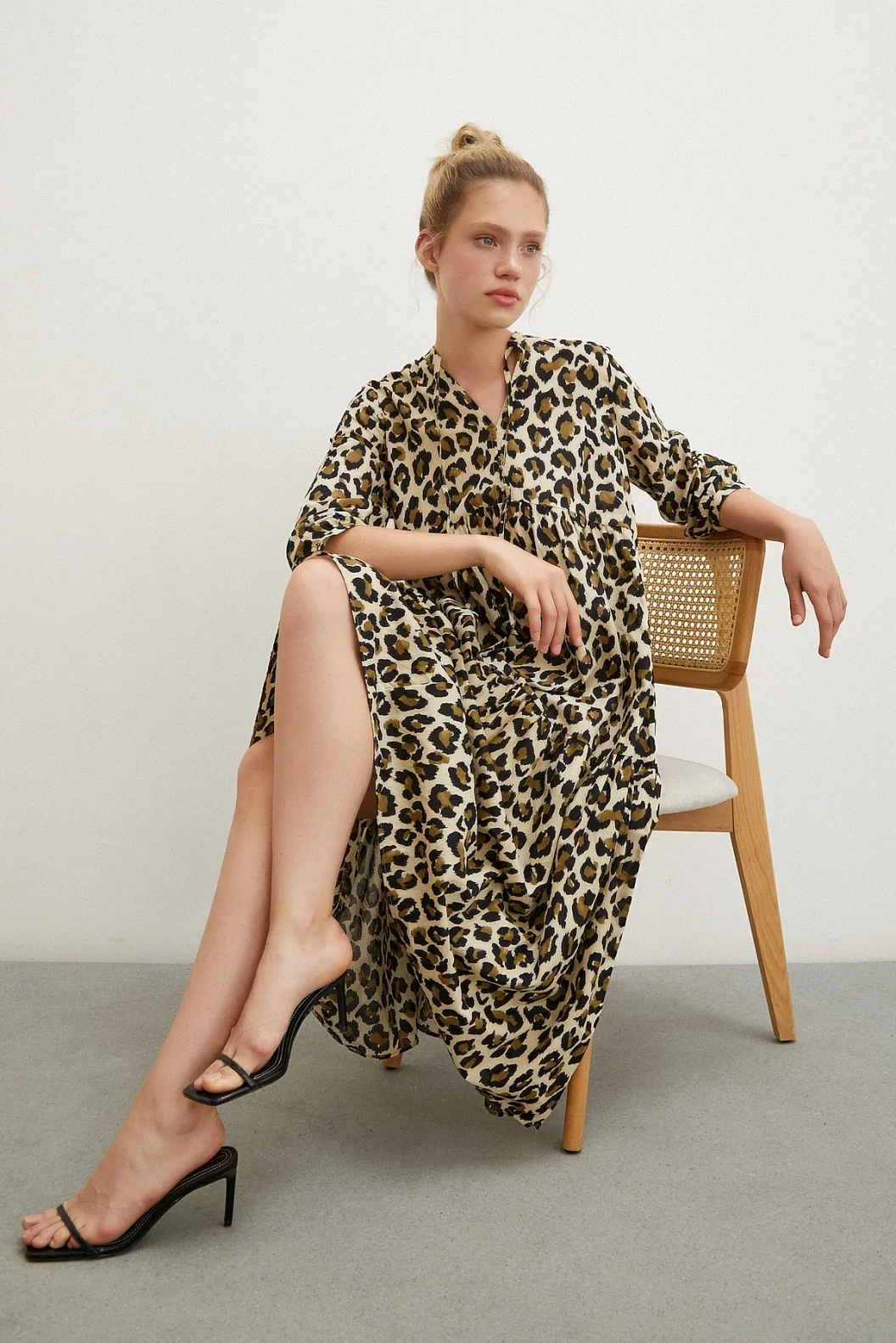 High Collar Patterned Maxi Dress Black