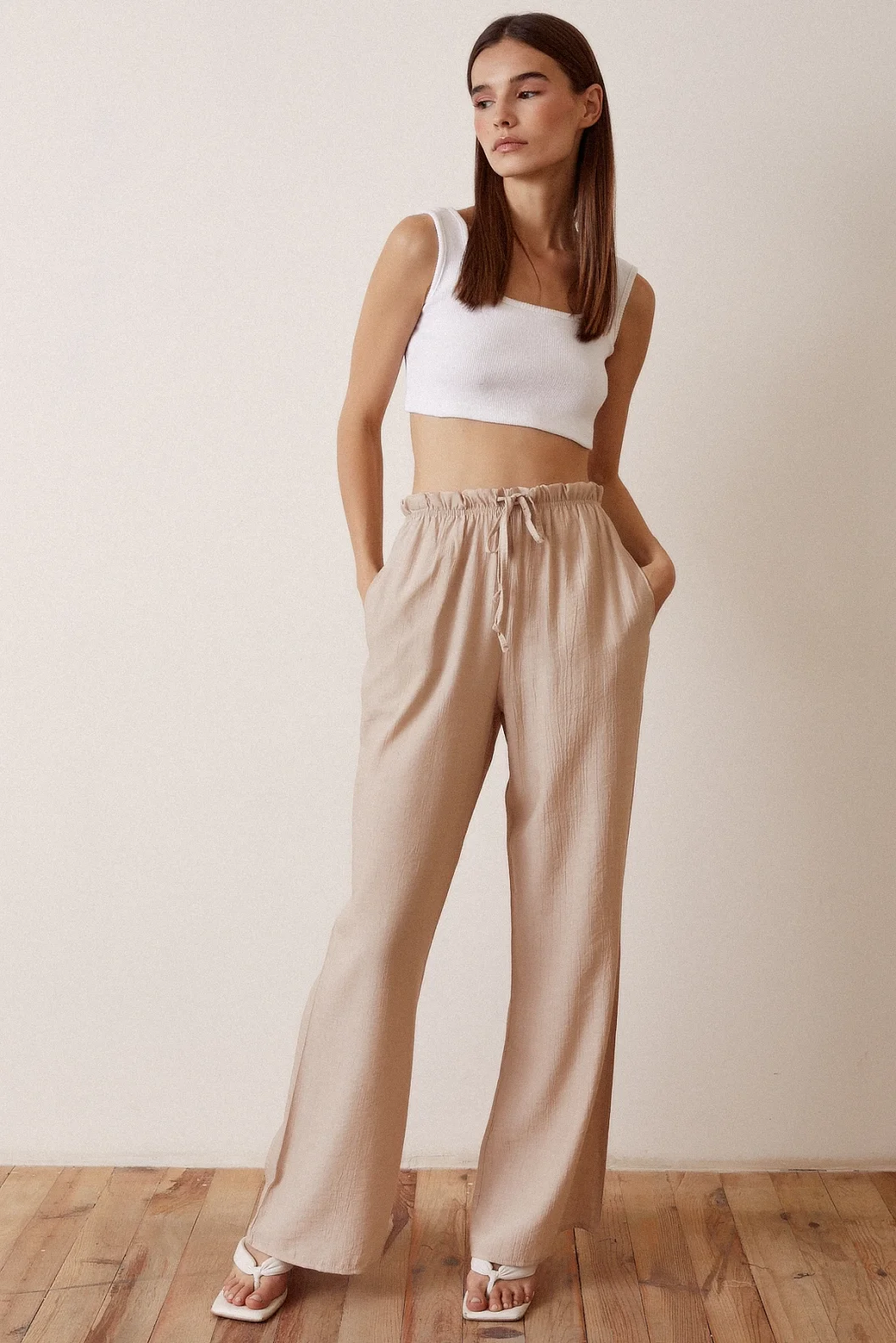 Elastic Waist Flared High Waist Pants Beige