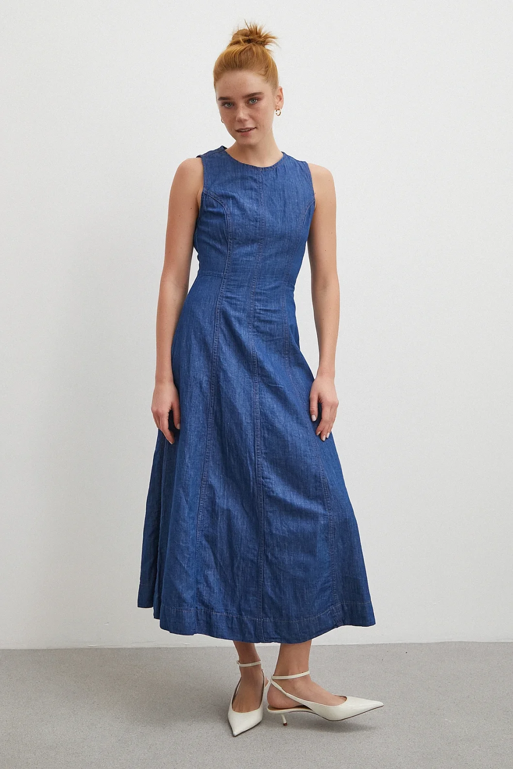 Bisiklet Yaka Kolsuz Premium Uzun Kot Elbise Lacivert