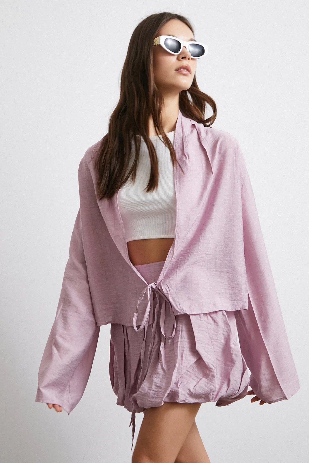 Geniş Kol Önden Bağlamalı Bluz Lila