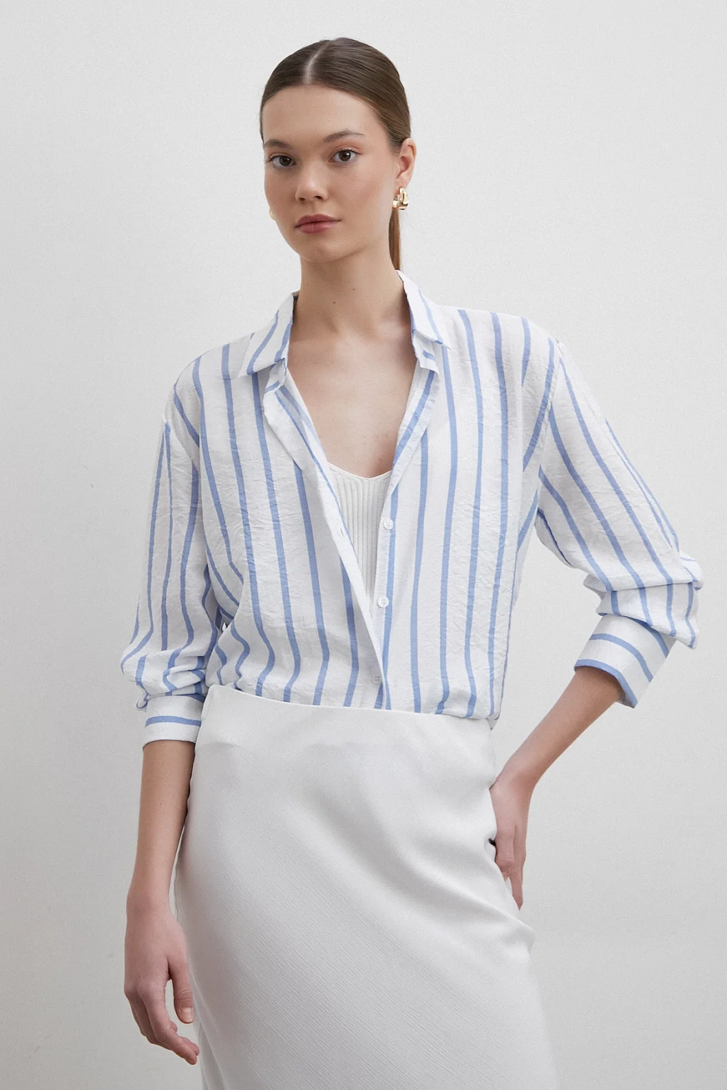 V-Neck Striped Modal Shirt Blue
