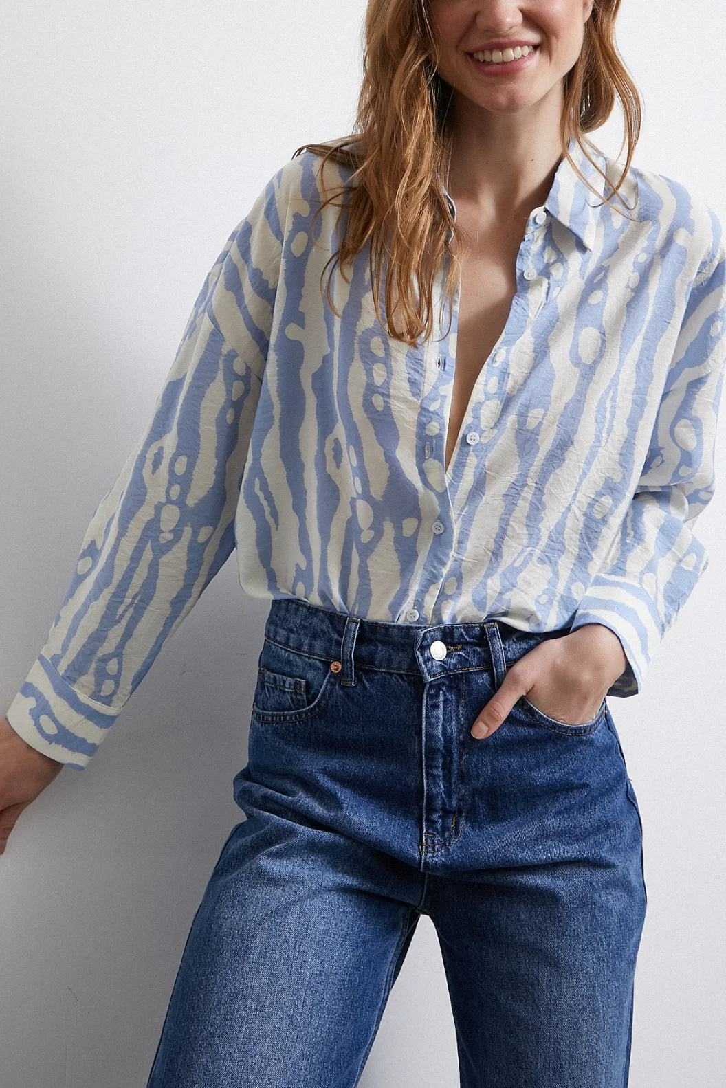 Zebra Desen Modal Gömlek Mavi