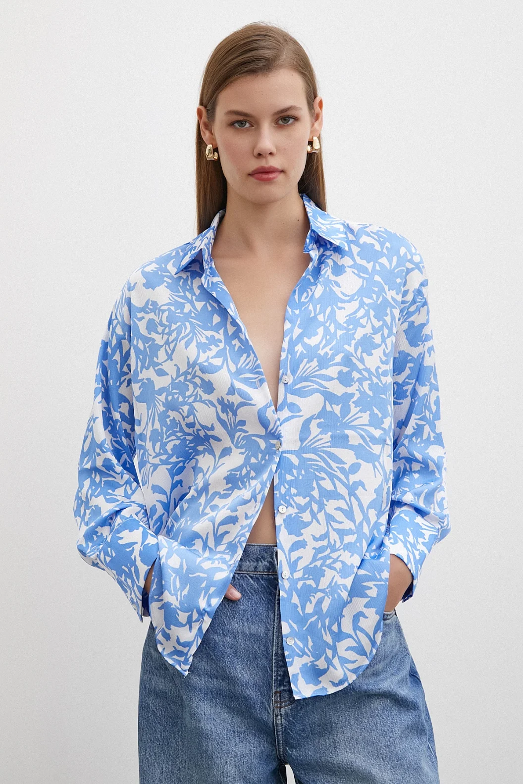 Patterned Waffle Satin Shirt Light Blue