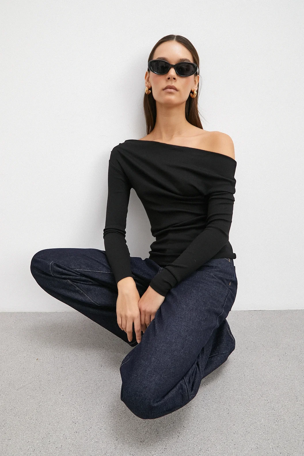 Omuz Pileli Uzun Kol Bluz Siyah