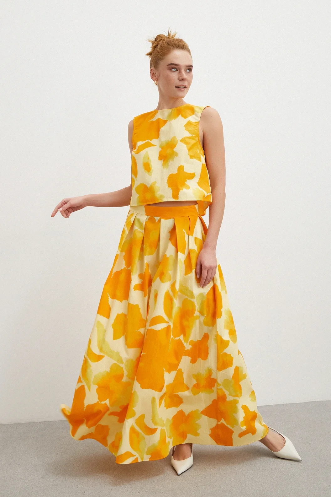 Elastic Waistband Batik Patterned Pleated Skirt Yellow