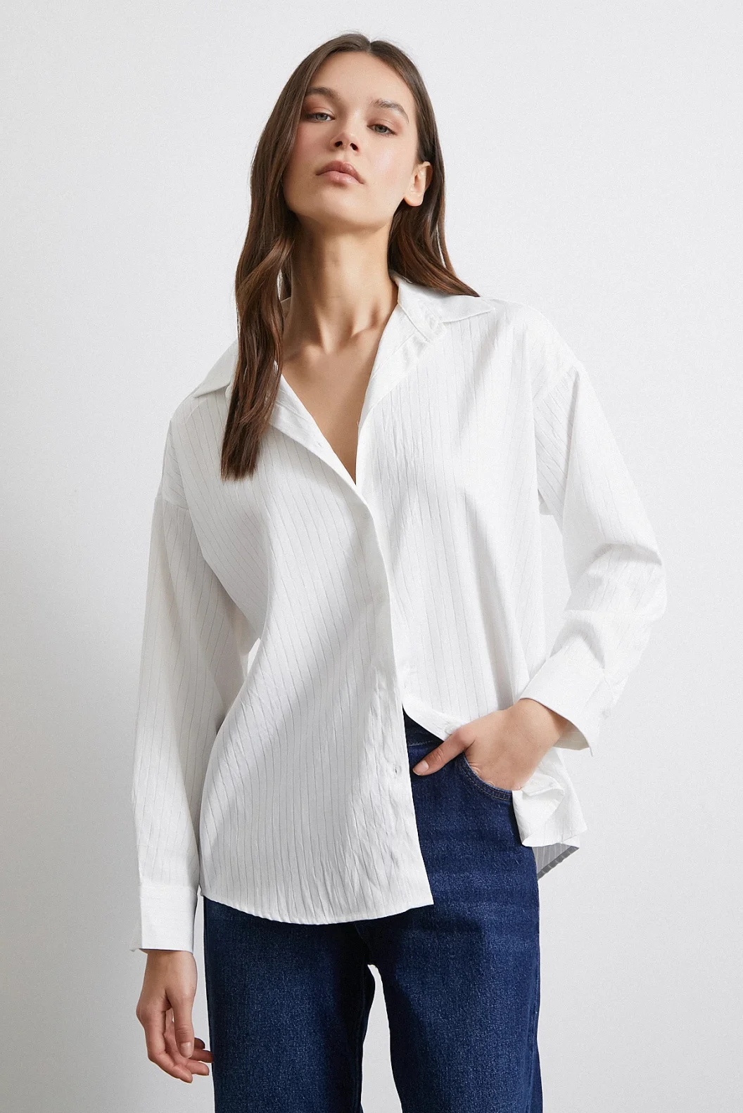 Diagonal Desen Gömlek Beyaz