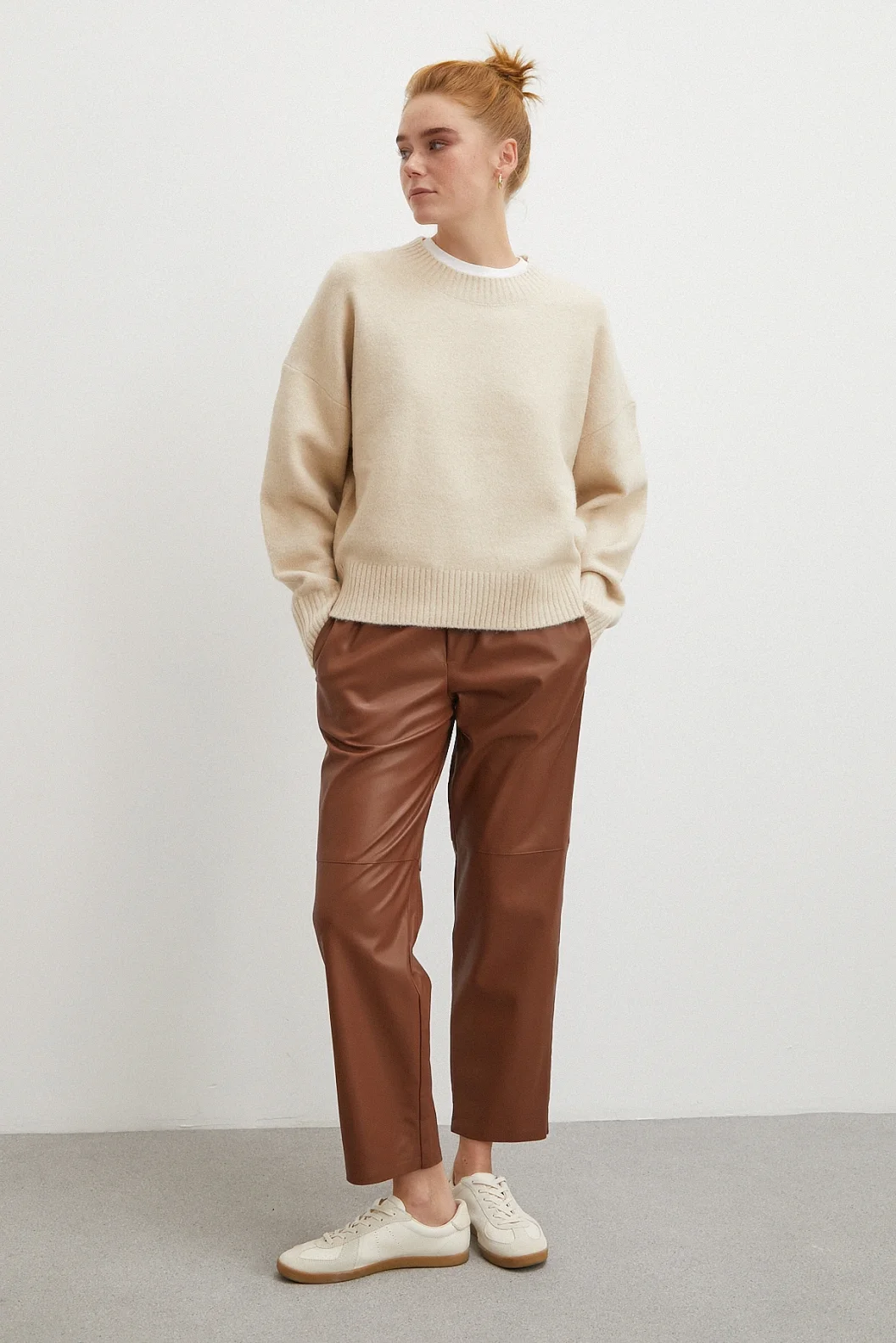 Bağcıklı Deri Pantolon Kahve