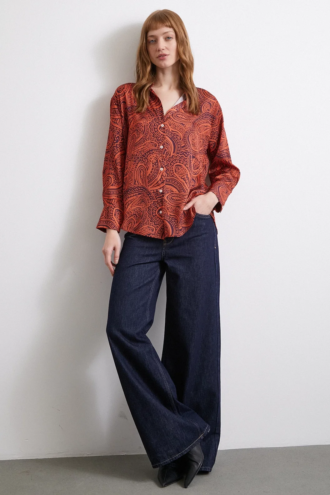 Bedruckte Waffel Satinbluse Orange