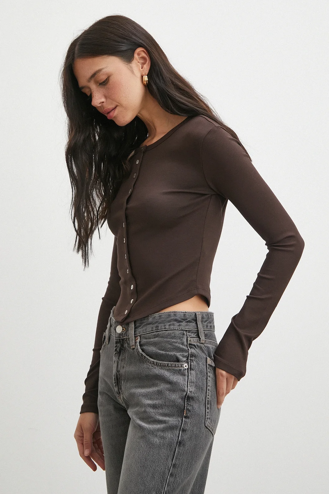 Düğmeli Uzun Kol Bluz Kahve