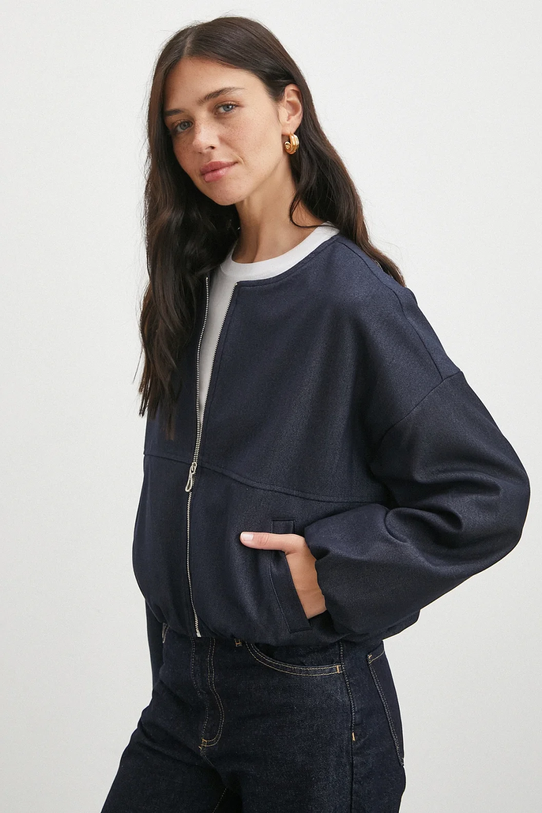 Beli Lastikli Fermuarlı Denim Görünümlü Bomber Ceket Lacivert