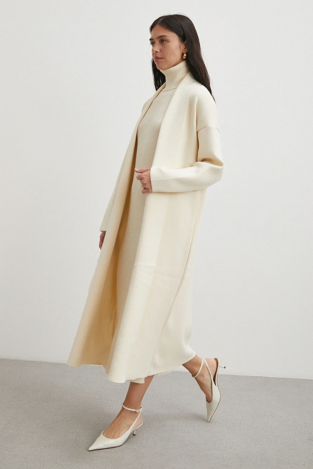 Uzun Elbiseli Hırka Triko Takım Ekru