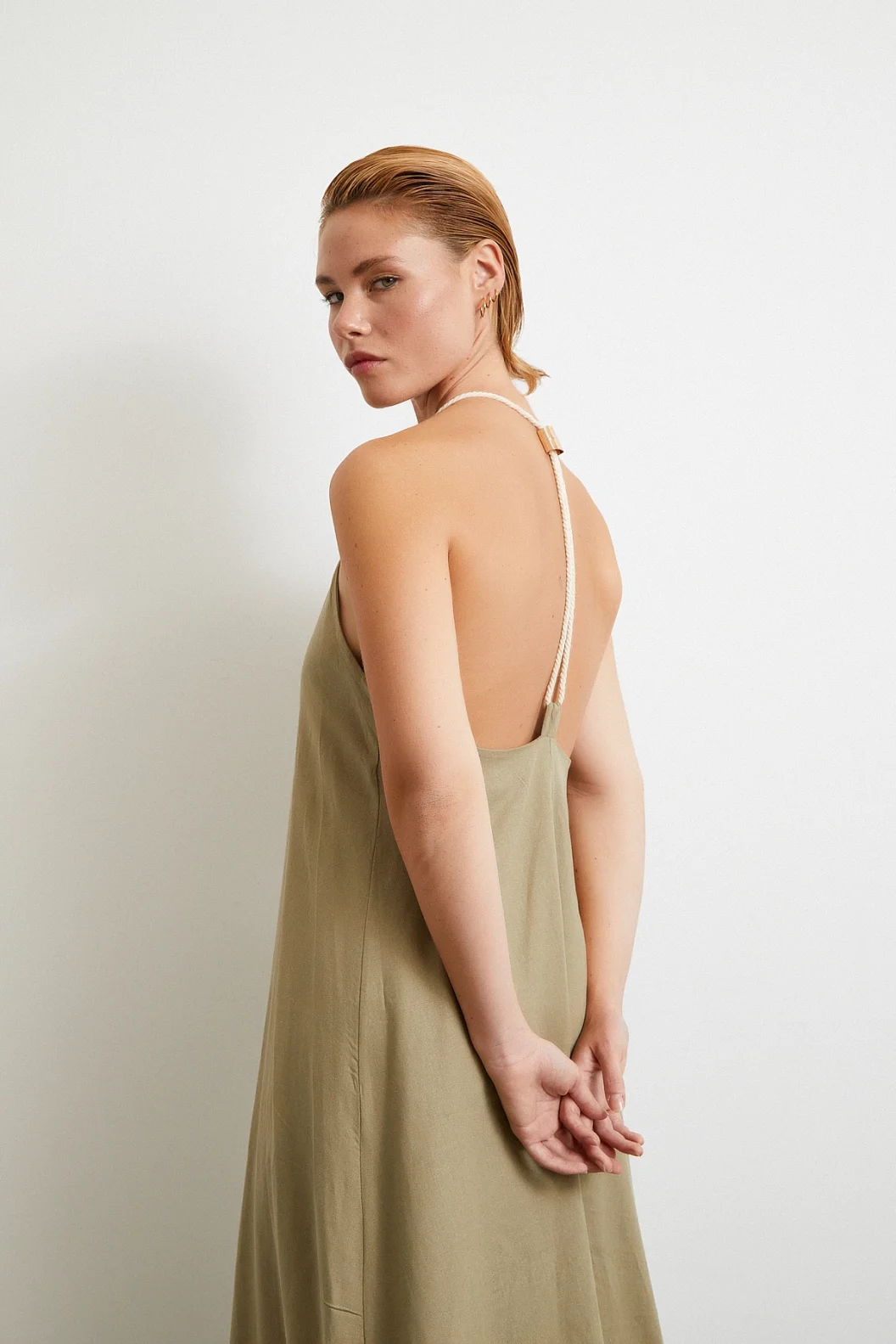 İp Askılı Keten Elbise Haki