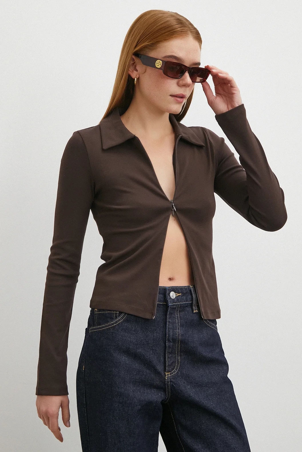 Yakalı Çift Fermuarlı Bluz Kahve