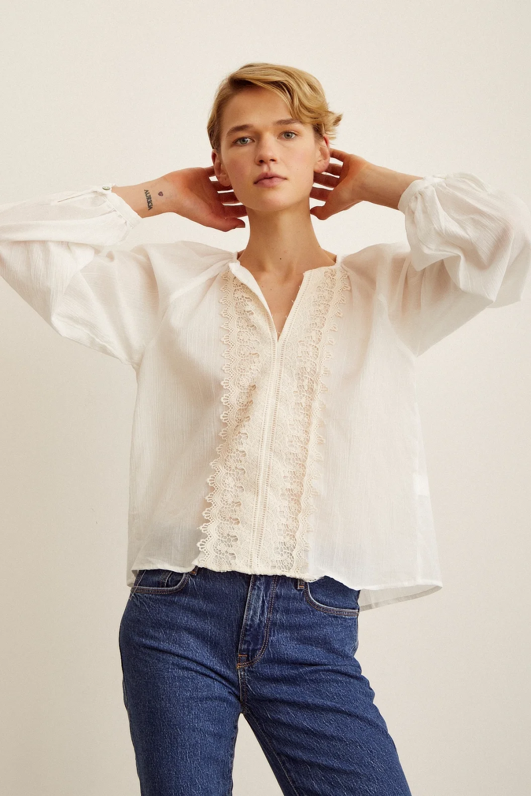 Brodeli V Neck Blouse White