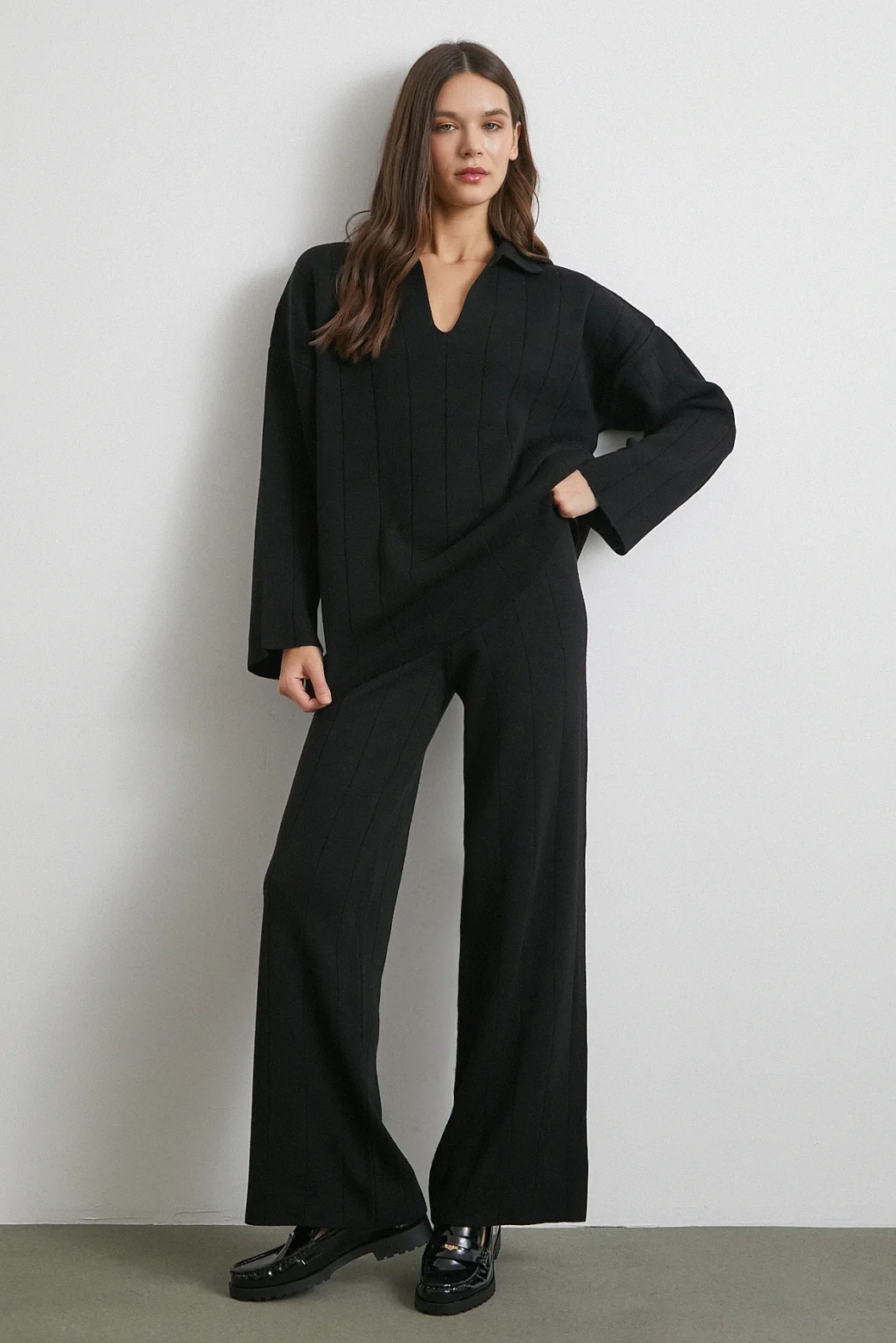 Polo Yaka Pantolonlu Triko Takım Siyah