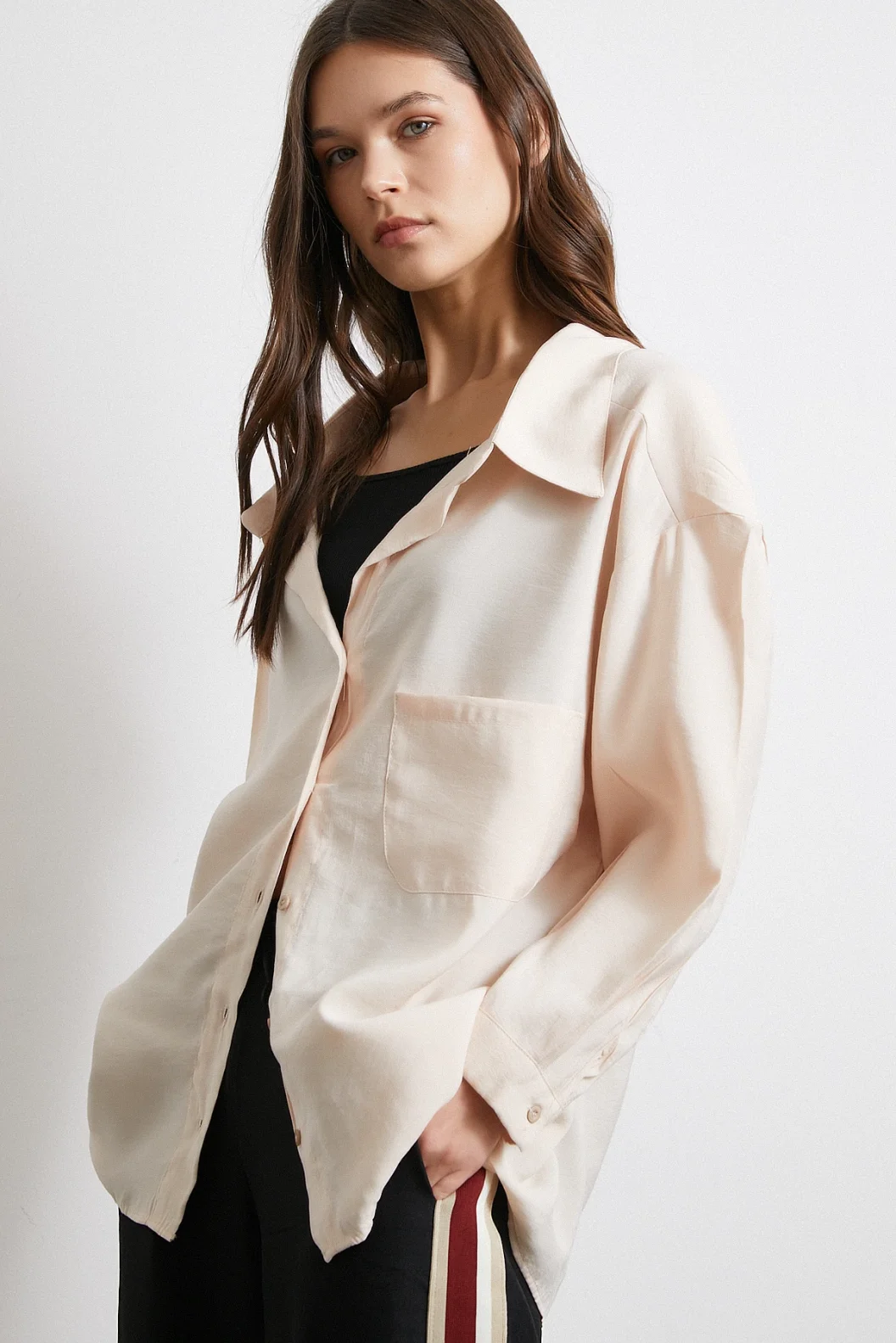 Oversize Cepli Modal Gömlek Bej