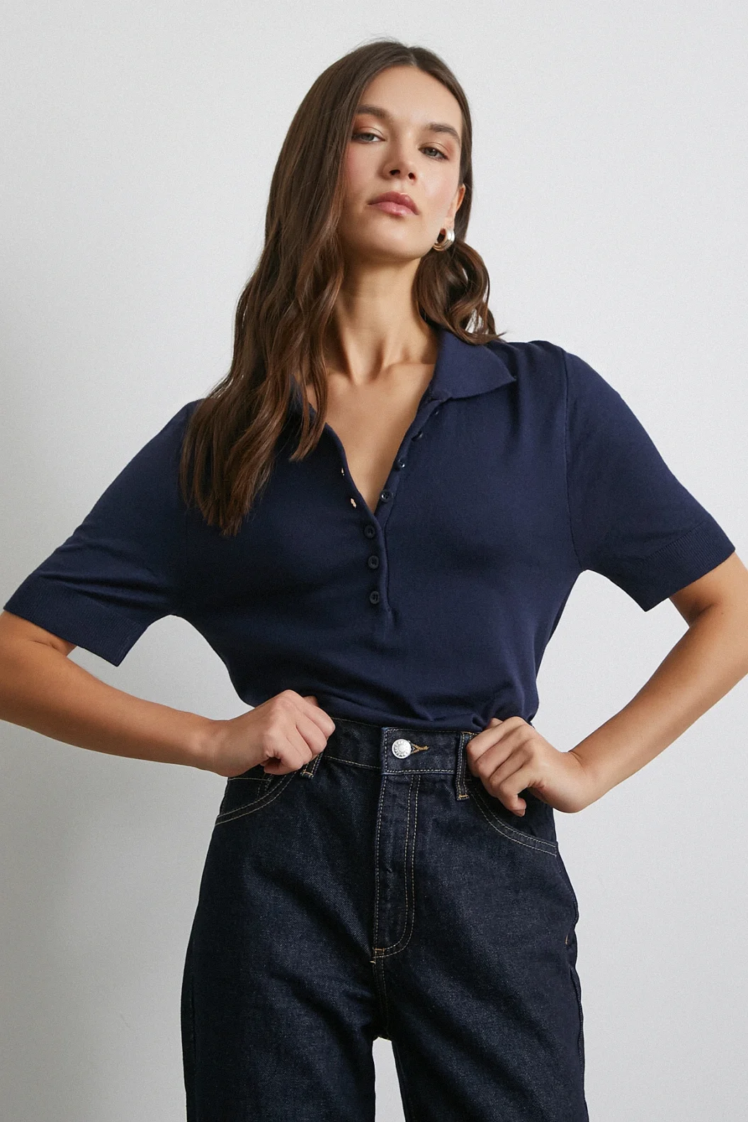 Polo Yaka Düğmeli Kısa Kol Triko Lacivert