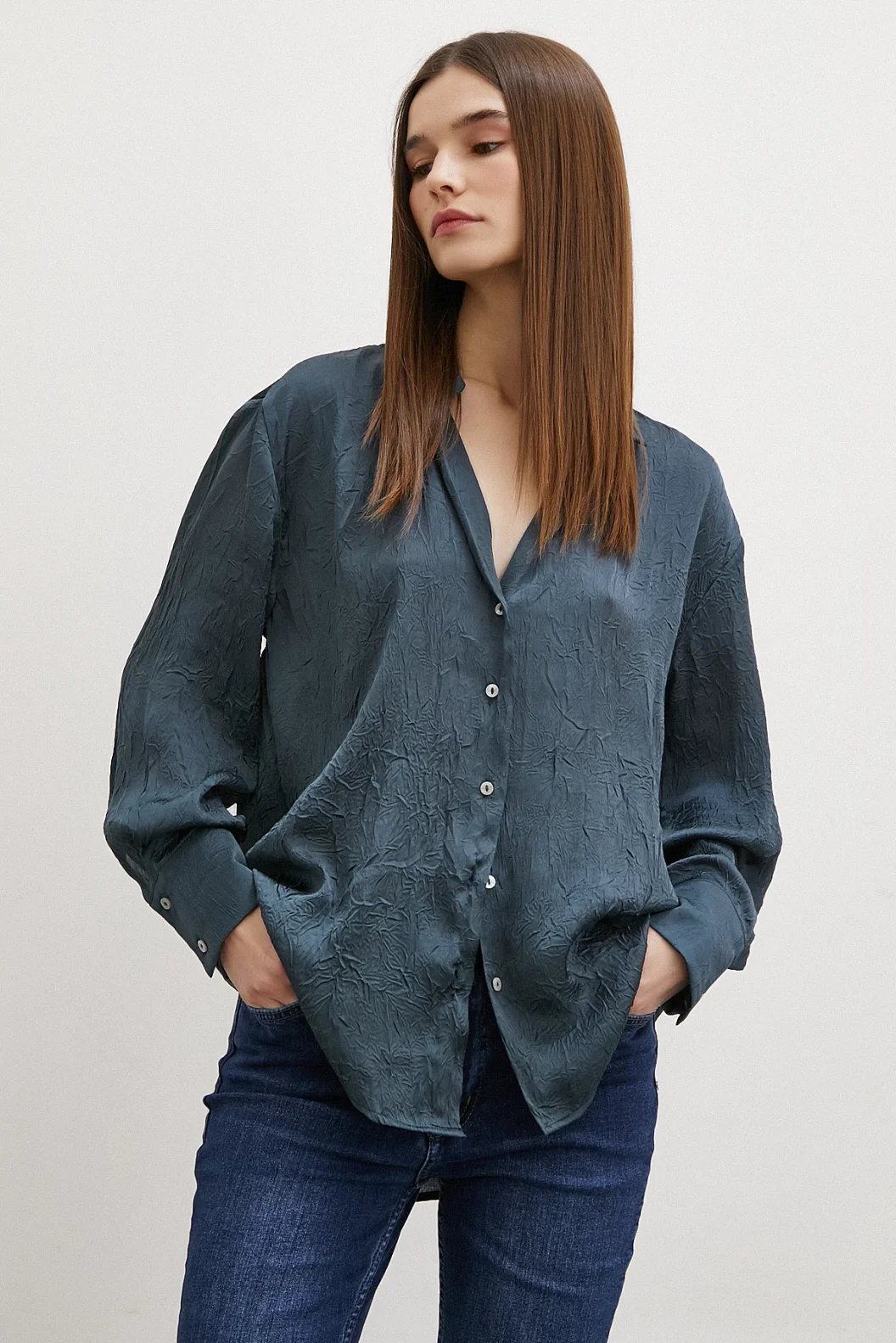 Crinkled Satin Shirt Petrol