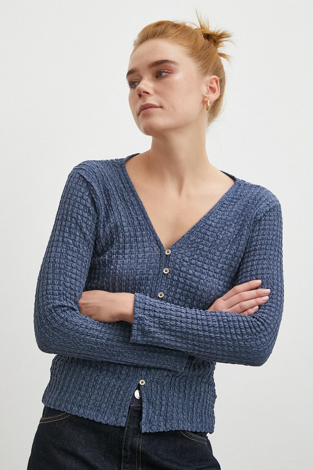 V Yaka Düğmeli Kazak Lacivert