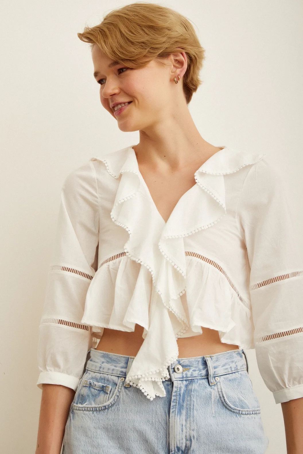 Lace Detail Ruffled Blouse White