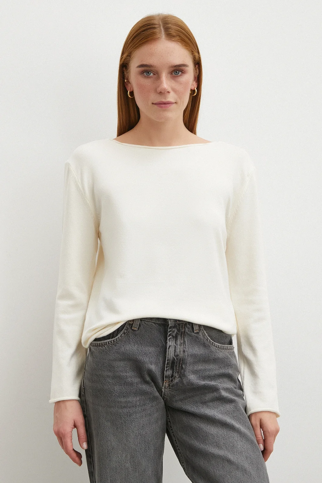 Kayık Yaka Uzun Kol Kazak Ekru