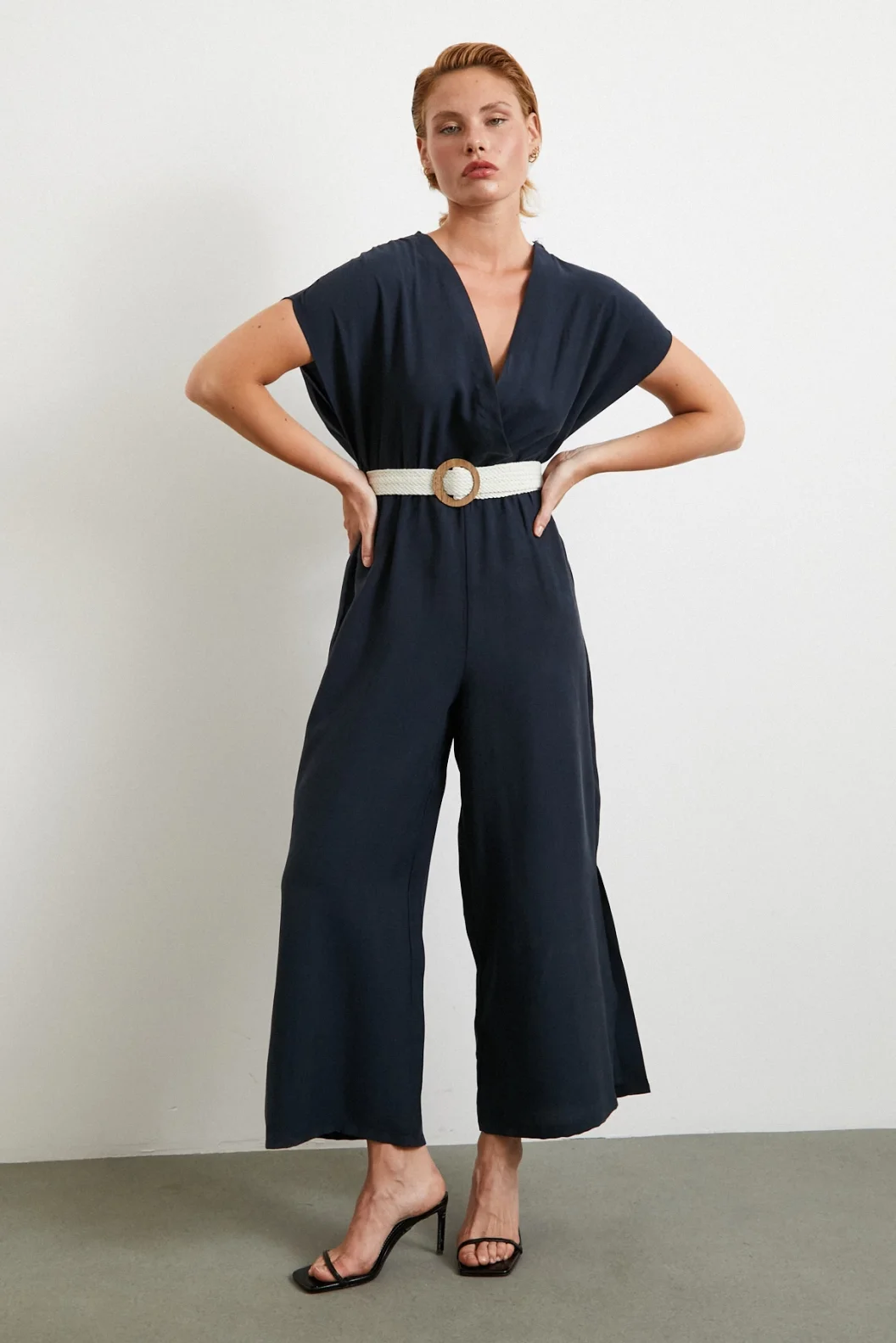 Gürtel Detail Jumpsuit Fledermausärmel Navy